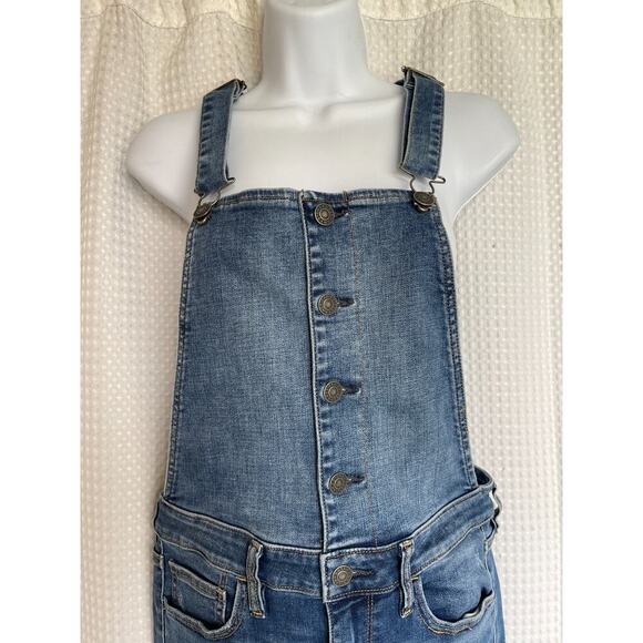 American Eagle Hi Rise Crop Flare Overalls SZ 8 SHORT Raw Hem - Picture 3 of 9